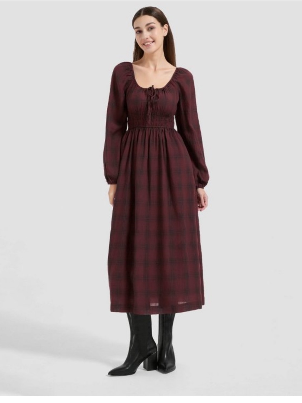 Universal Thread Burgundy Plaid Long-Sleeve Maxi Dress